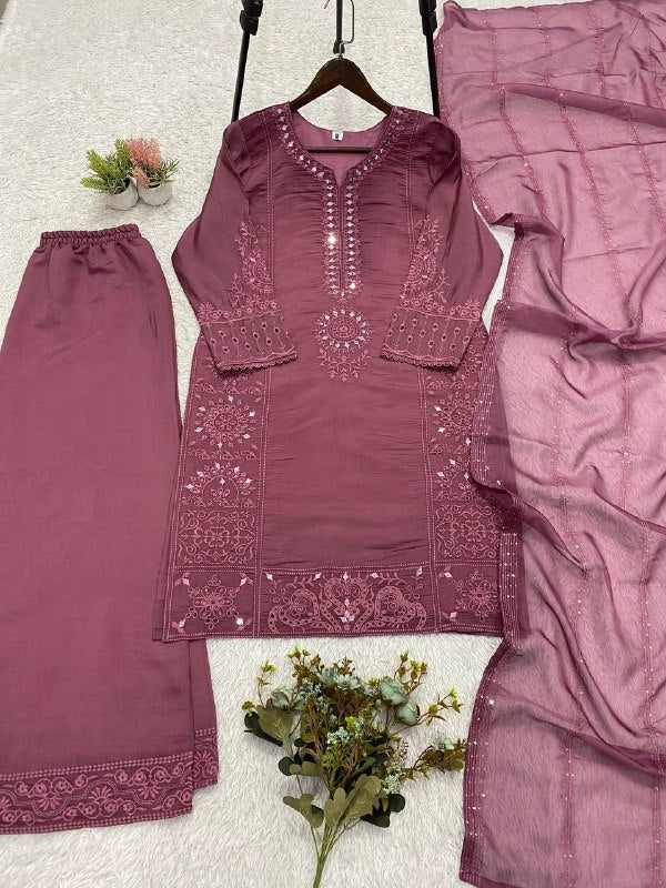 Mauve Hand Mirror & Sequence Embroidered Top, Plazzo with Dupatta
