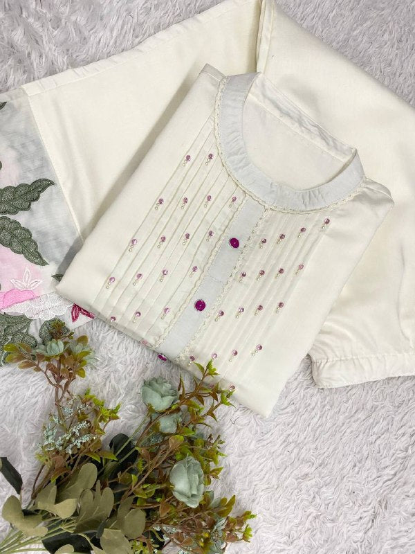 Ivory Trendy Co-ord Set with Floral Embroidery Work