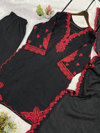 Black Embroidered Top, Plazzo and Dupatta with Red Embroidery — Hania Amir Inspired
