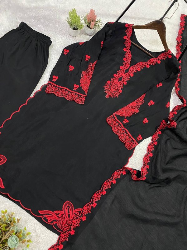 Black Embroidered Top, Plazzo and Dupatta with Red Embroidery — Hania Amir Inspired