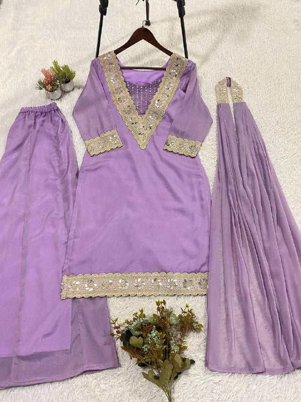 Lavender 4 Piece Cording with Real Mirror Embroidered Blouse-Top, Plazzo with Dupatta