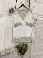 White Comfortable Suit with Sequence Embroidered Top, Plazzo and Dupatta