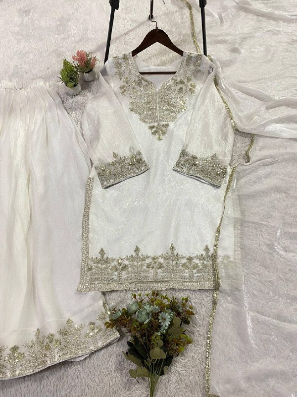 White Comfortable Suit with Sequence Embroidered Top, Plazzo and Dupatta
