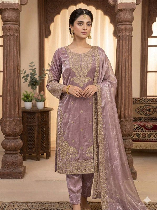 Mauve Cording with Sequence Embroidery Worked Top, Plazzo with Dupatta