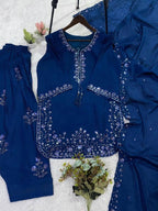 Royal Blue Three Piece Outfit with Sequence Embroidered Top, Farsi Salwaar and Dupatta