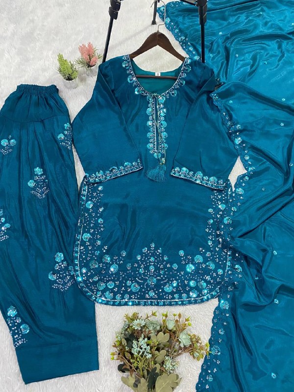 Teal Three Piece Outfit with Sequence Embroidered Top, Farsi Salwaar and Dupatta