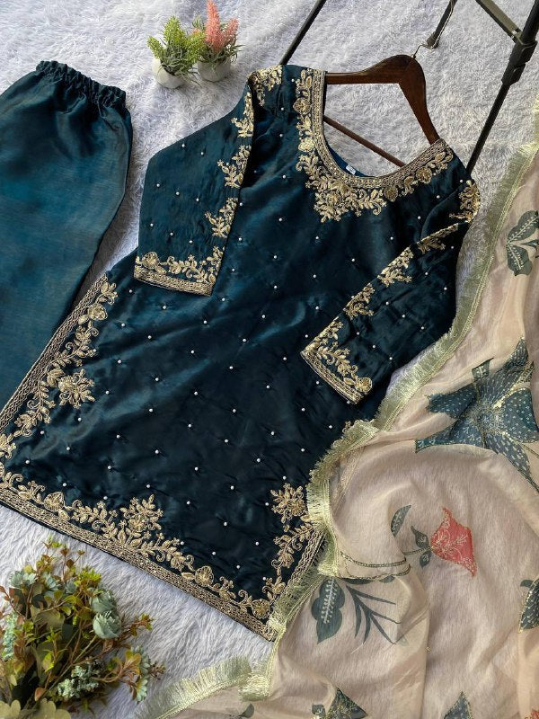 Teal Cording with Sequence Embroidery and Beads Worked Top, Plazzo and Dupatta