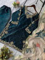 Teal Cording with Sequence Embroidery and Beads Worked Top, Plazzo and Dupatta