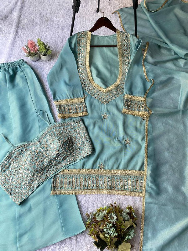 Mint 4 Piece Plazzo Pair with Real Mirror and Embroidery Work