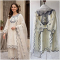 Ivory Sequence Embroidered Cutwork Top, Plazzo and Dupatta — Hania Amir Inspired