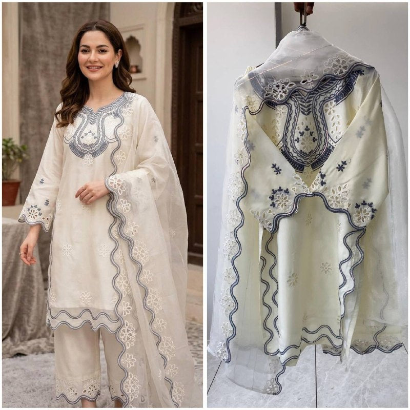 Ivory Sequence Embroidered Cutwork Top, Plazzo and Dupatta — Hania Amir Inspired