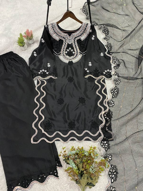 Black Sequence Embroidered Cutwork Top, Plazzo and Dupatta — Hania Amir Inspired