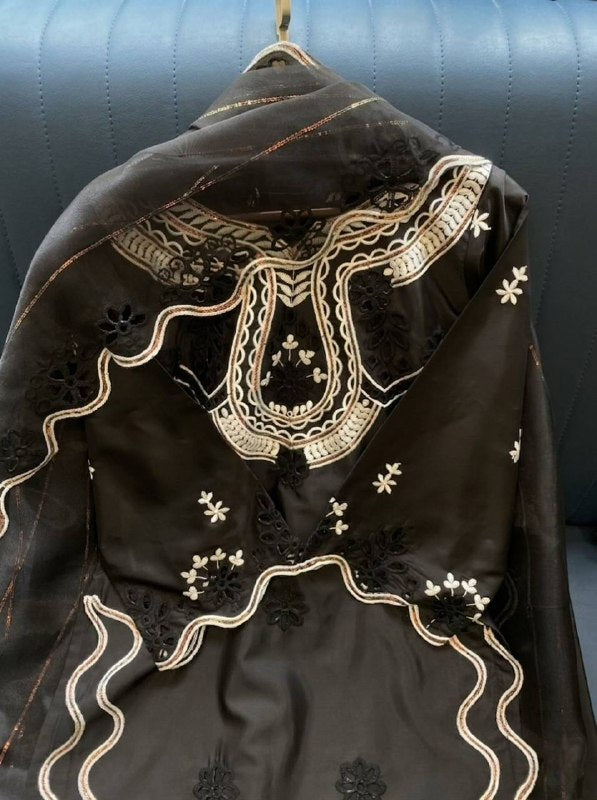 Black Sequence Embroidered Cutwork Top, Plazzo and Dupatta — Hania Amir Inspired
