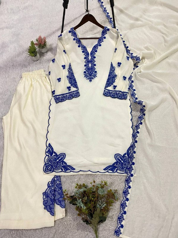 White Embroidered Top, Plazzo and Dupatta with Blue Embroidery — Hania Amir Inspired