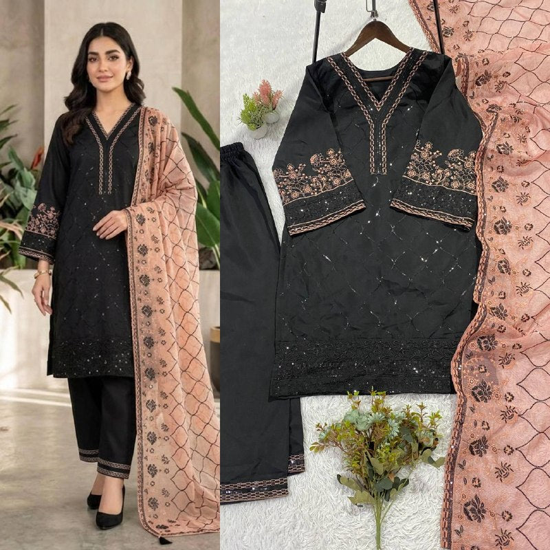Black Sequence Embroidered Top, Plazzo with Dupatta