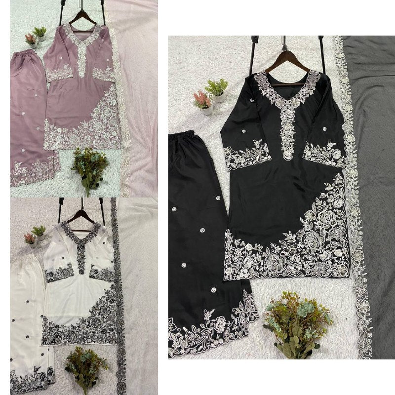 Black Sequence Embroidery Worked Top, Plazzo with Dupatta
