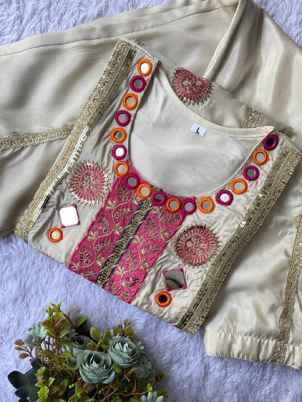 Beige Co-ord Set with Real Mirror and Sequence Embroidered Top and Plazzo