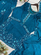 Teal Three Piece Outfit with Sequence Embroidered Top, Farsi Salwaar and Dupatta