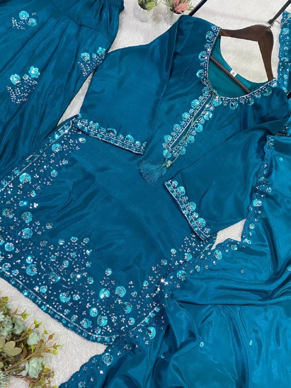 Teal Three Piece Outfit with Sequence Embroidered Top, Farsi Salwaar and Dupatta