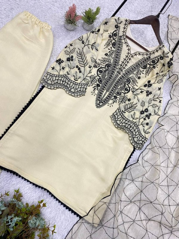 Off-White Sequence Embroidered Top, Plazzo with Dupatta
