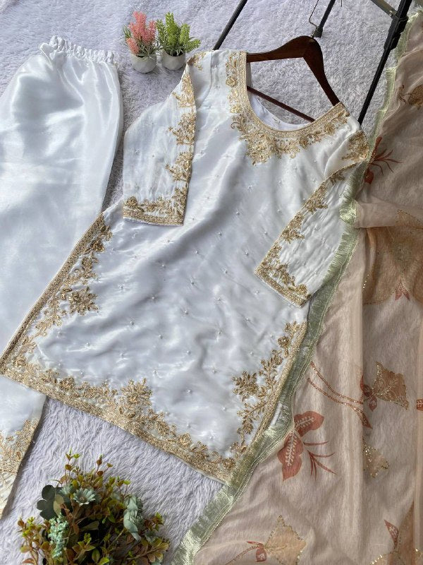 White Cording with Sequence Embroidery and Beads Worked Top, Plazzo and Dupatta