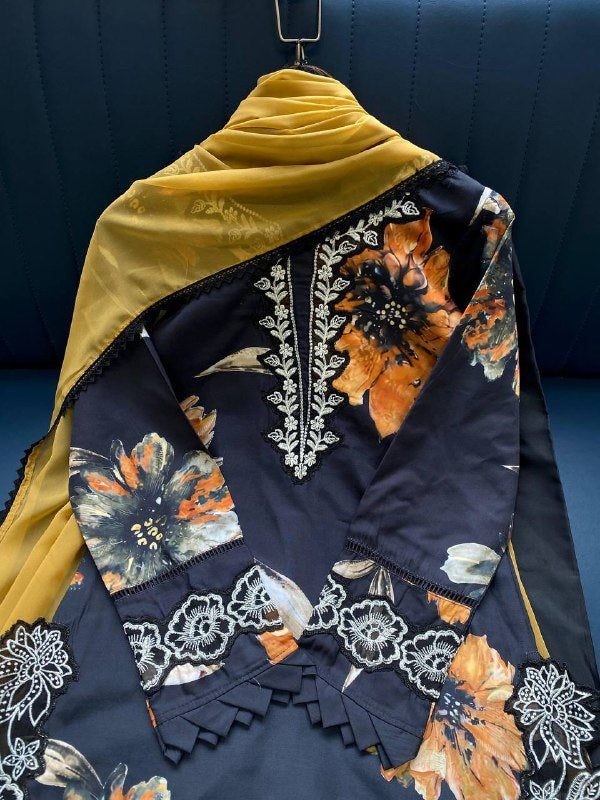 Black Floral Printed Embroidered Lace Top, Plazzo with Dupatta — Hania Amir Inspired