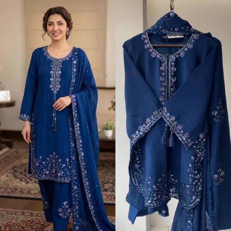 Royal Blue Three Piece Outfit with Sequence Embroidered Top, Farsi Salwaar and Dupatta