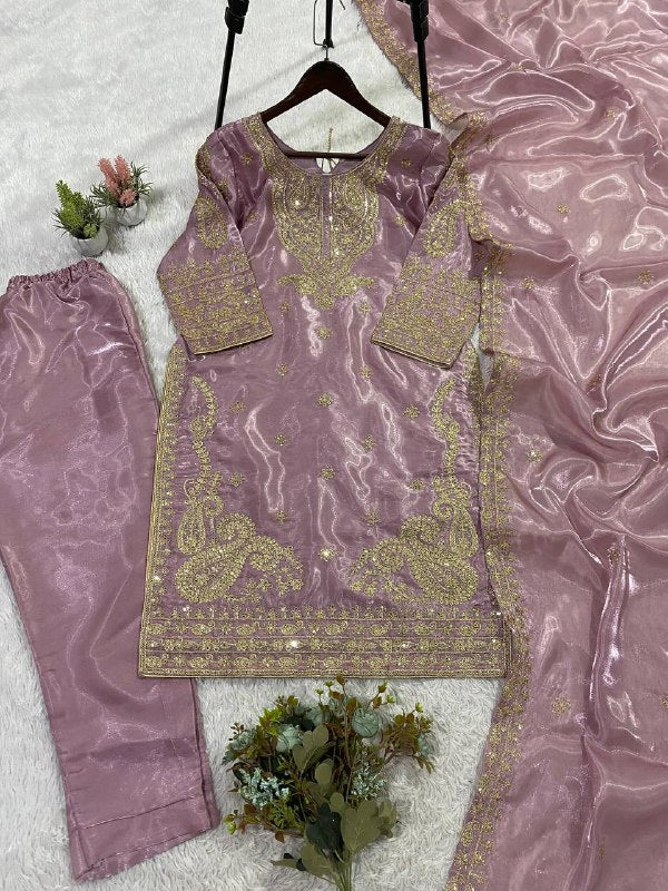 Mauve Cording with Sequence Embroidery Worked Top, Plazzo with Dupatta