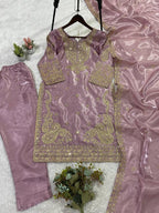 Mauve Cording with Sequence Embroidery Worked Top, Plazzo with Dupatta