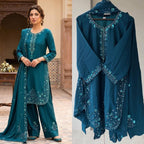 Teal Three Piece Outfit with Sequence Embroidered Top, Farsi Salwaar and Dupatta