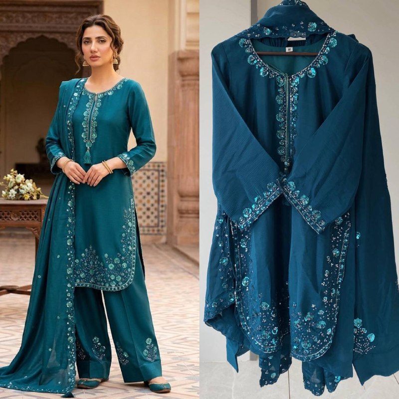 Teal Three Piece Outfit with Sequence Embroidered Top, Farsi Salwaar and Dupatta