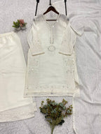Ivory White Hand Mirror & Sequence Embroidered Top, Plazzo with Dupatta