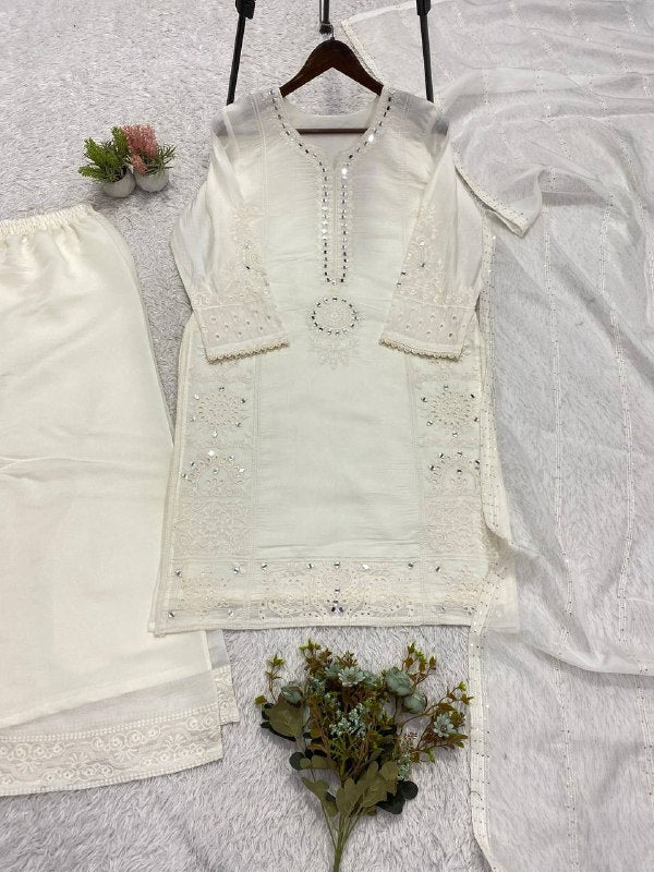 Ivory White Hand Mirror & Sequence Embroidered Top, Plazzo with Dupatta