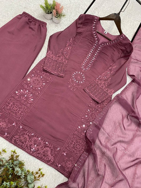 Mauve Hand Mirror & Sequence Embroidered Top, Plazzo with Dupatta