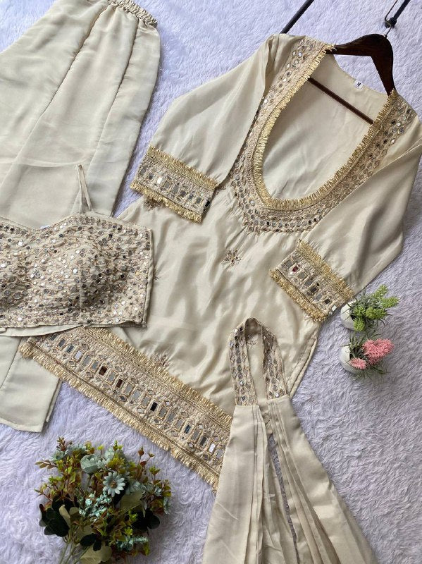 Ivory 4 Piece Plazzo Pair with Real Mirror and Embroidery Work