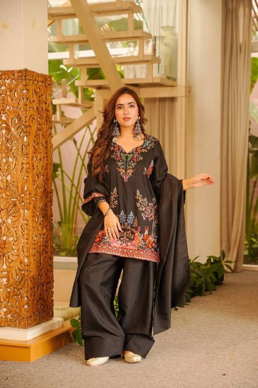 Black Printed Top, Salwaar with Dupatta in Roman Fabric