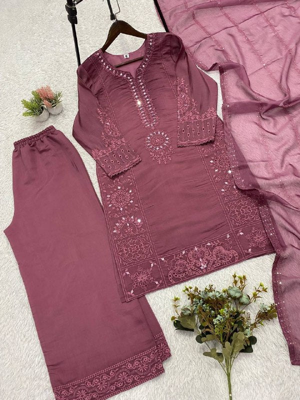 Mauve Hand Mirror & Sequence Embroidered Top, Plazzo with Dupatta
