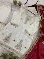 White Sequence Embroidered Top, Sarara with Maroon Dupatta