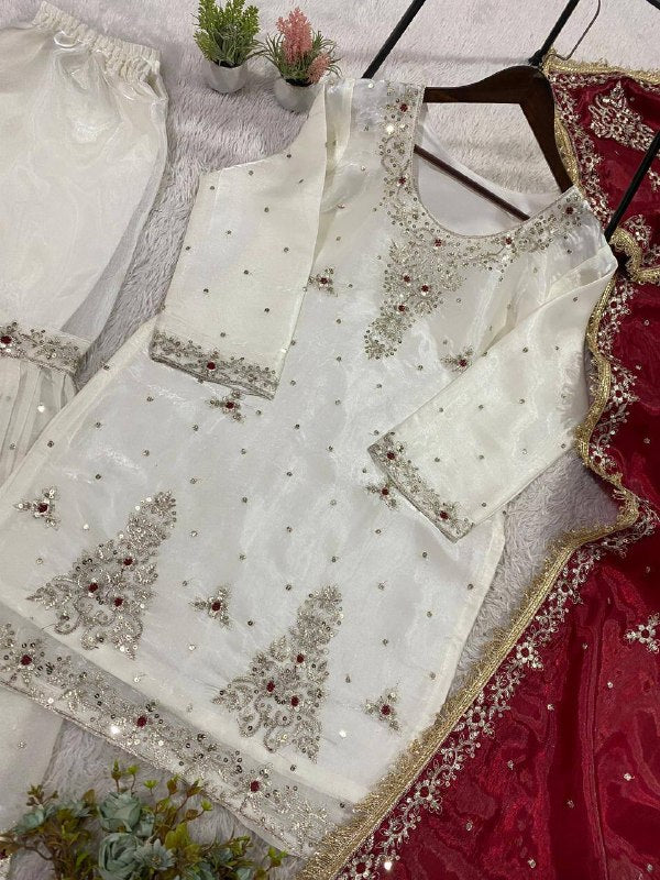 White Sequence Embroidered Top, Sarara with Maroon Dupatta