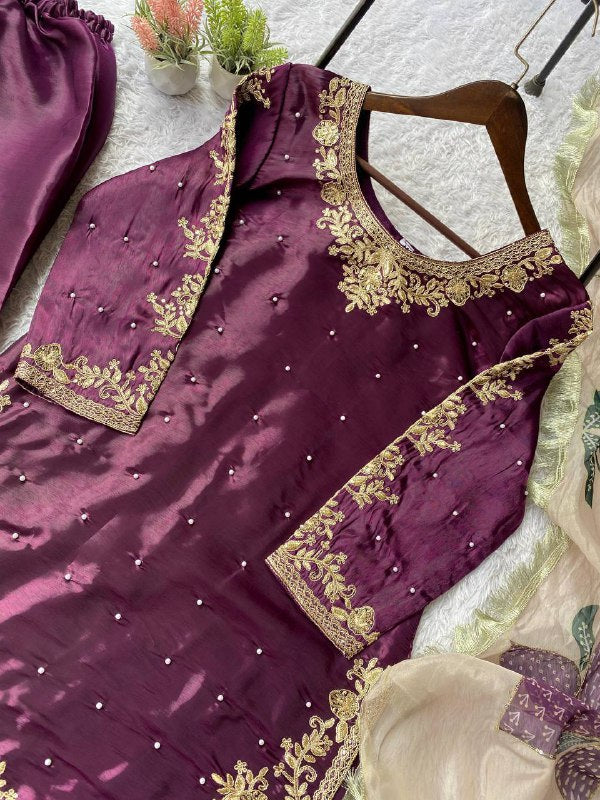 Wine Purple Cording with Sequence Embroidery and Beads Worked Top, Plazzo and Dupatta
