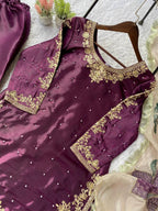 Wine Purple Cording with Sequence Embroidery and Beads Worked Top, Plazzo and Dupatta