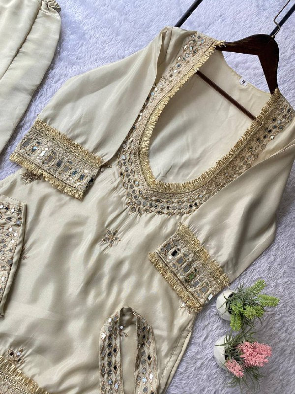 Ivory 4 Piece Plazzo Pair with Real Mirror and Embroidery Work