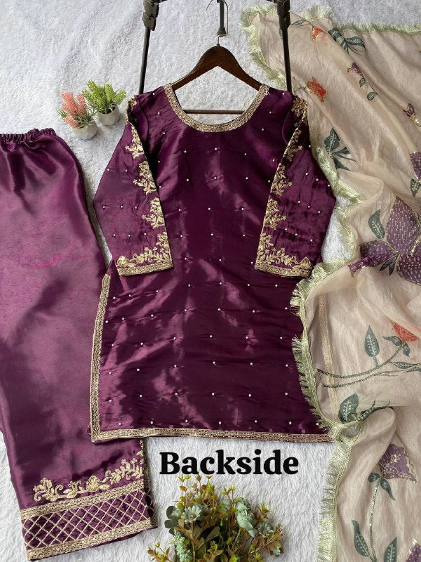 Wine Purple Cording with Sequence Embroidery and Beads Worked Top, Plazzo and Dupatta
