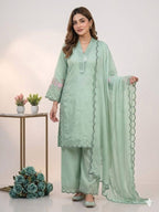 Sage Green Sequence Embroidery Worked Top, Plazzo with Dupatta