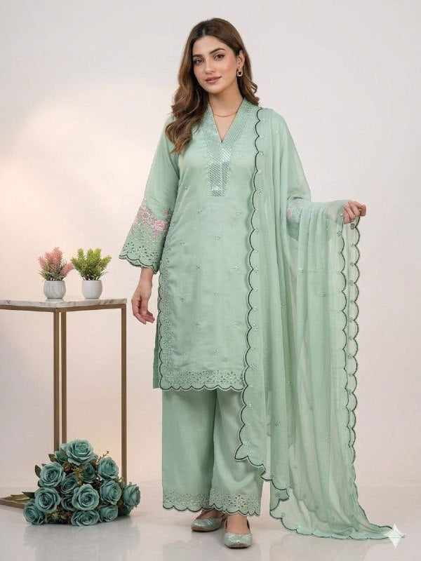 Sage Green Sequence Embroidery Worked Top, Plazzo with Dupatta