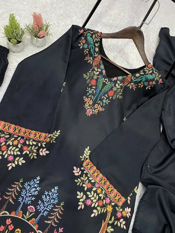Black Printed Top, Salwaar with Dupatta in Roman Fabric