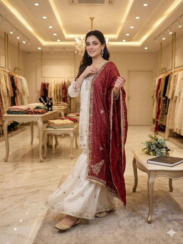 White Sequence Embroidered Top, Sarara with Maroon Dupatta
