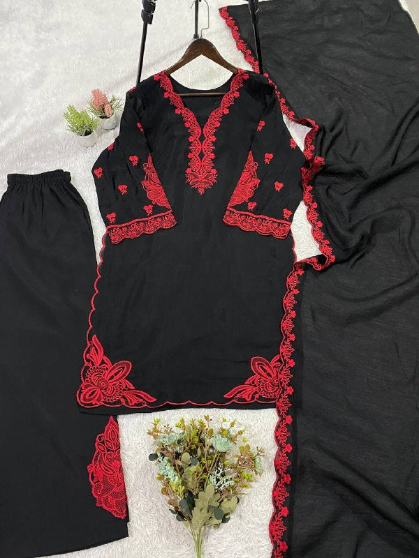 Black Embroidered Top, Plazzo and Dupatta with Red Embroidery — Hania Amir Inspired