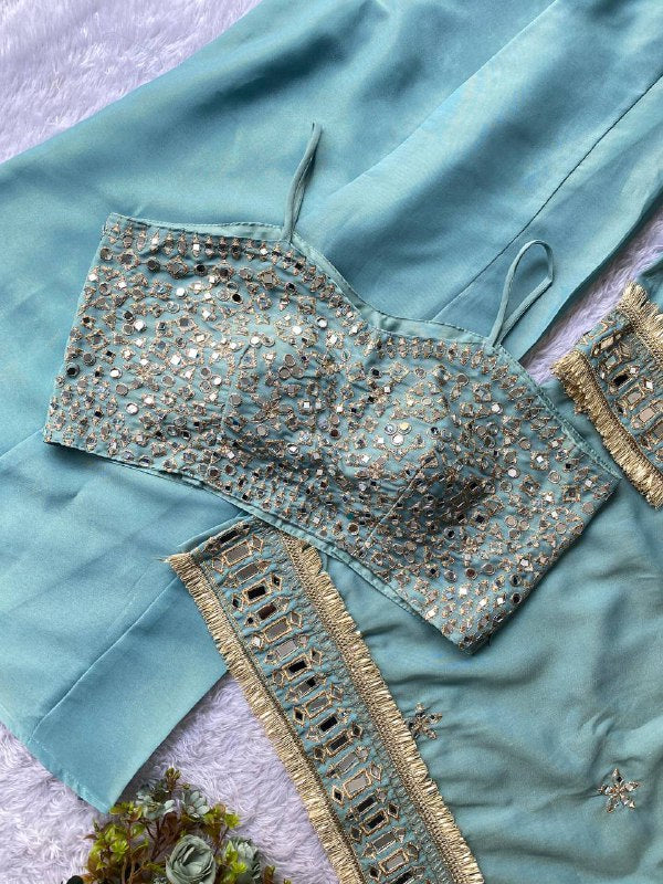 Mint 4 Piece Plazzo Pair with Real Mirror and Embroidery Work