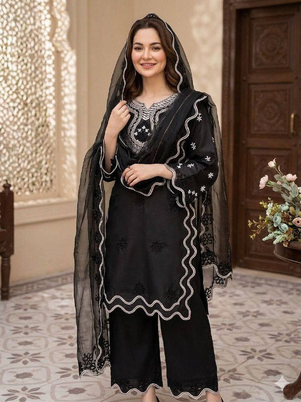 Black Sequence Embroidered Cutwork Top, Plazzo and Dupatta — Hania Amir Inspired